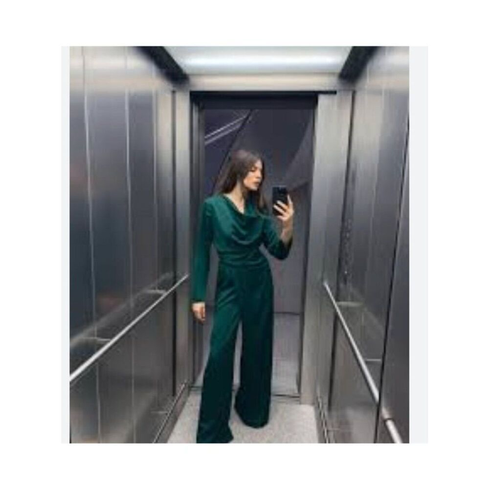 Zara Womens Jumpsuit Draped XL Green Cowl Neck Long Sleeve 6962/232 NWT
